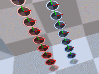 Changing scale of game object with two systems, first simulated in world space (red) and other local space (blue).